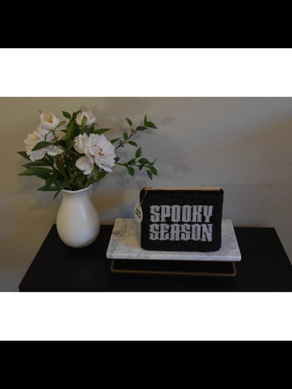 NWT Spooky Supplies "Spooky Season" Beaded Black & White Zipper Pouch Clutch